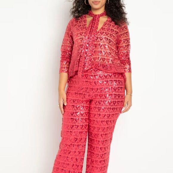 Eloquii Pants - Eloquii pink Sequin Jumpsuit heart Valentine’s Day